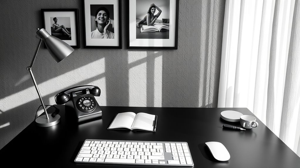 black and white workspace