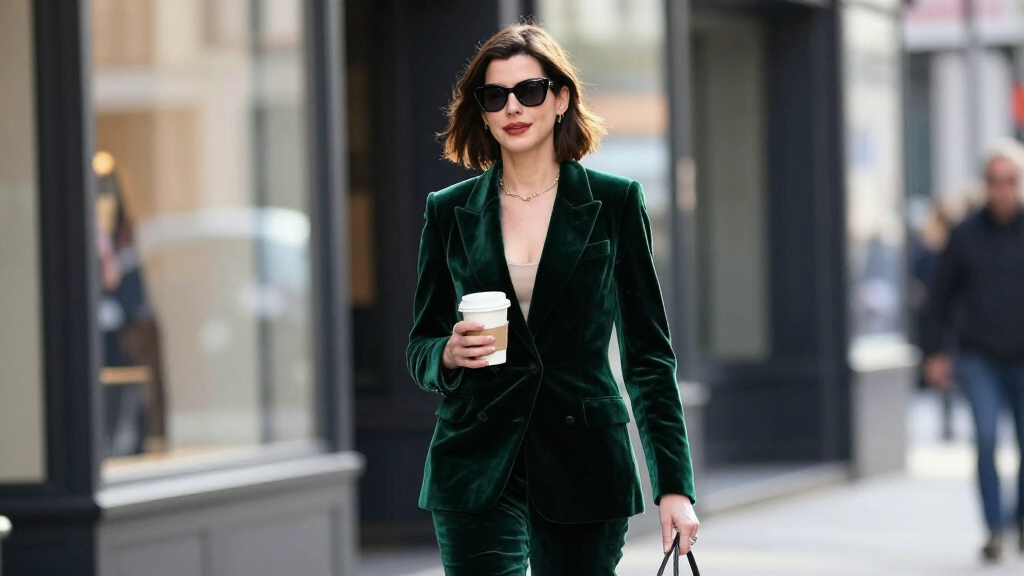 Anne Hathaway Embraces This Season’s Electric Teal In A Luxurious Velvet Set