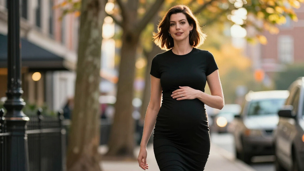 Anne Hathaway’s Black Fitted Maternity Dress Makes Pregnancy Style Look Effortless